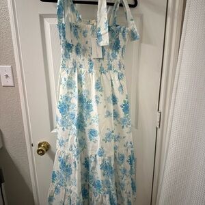 Smocked White Maxi Dress with Blue Floral Print